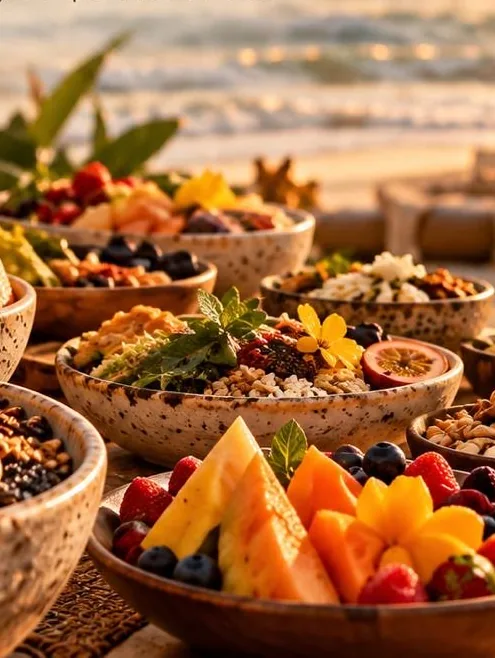 Bowls coloridos de café da manhã funcional com frutas e flores