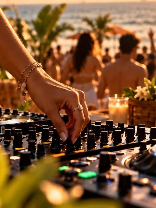 Mão da DJ na controladora, com pessoas dançando à beira-mar